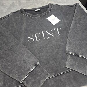 SEINT Cropped Sweatshirt Womens Large Gray Acid Wash Pullover Sweater NWT